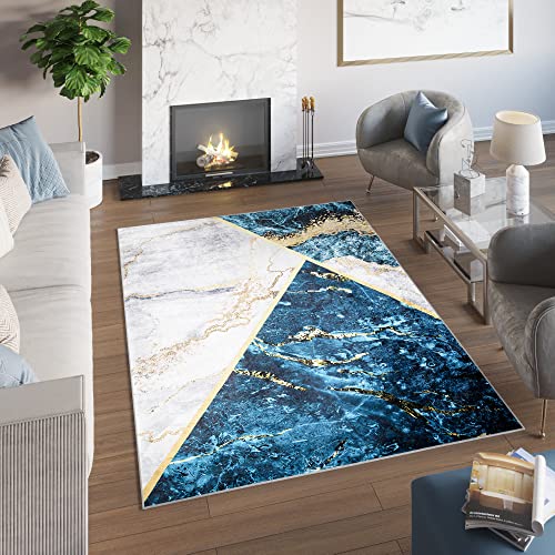 TAPISO Toscana Teppich Bedruckter Teppich Blau Grau Golden Marmor Waschbar rutschfest Wohnzimmer Schlafzimmer Büro Modern Design 140 x 200 cm von TAPISO