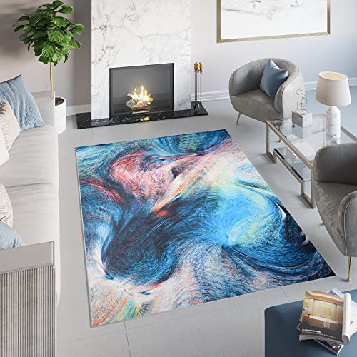 TAPISO Toscana Teppich Bedruckter Teppich Blau Mehrafarbig Abstrakt Waschbar rutschfest Wohnzimmer Schlafzimmer Büro Modern Design 160 x 230 cm von TAPISO