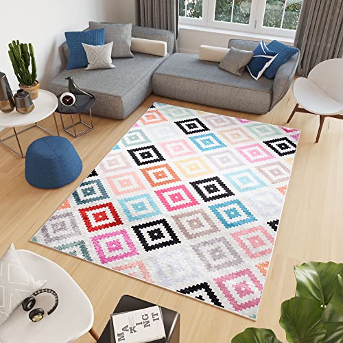 TAPISO Toscana Teppich Bedruckter Teppich Bunt Karomuster Marokkanisch Quadrate Waschbar rutschfest Wohnzimmer Schlafzimmer Büro Modern Design 160 x 230 cm von TAPISO