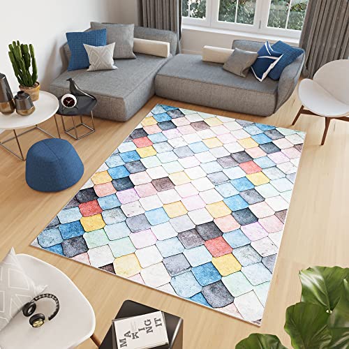 TAPISO Toscana Teppich Bedruckter Teppich Bunt Pastellfarben Geometrisch Quadrate Waschbar rutschfest Wohnzimmer Schlafzimmer Büro Modern Design 160 x 230 cm von TAPISO