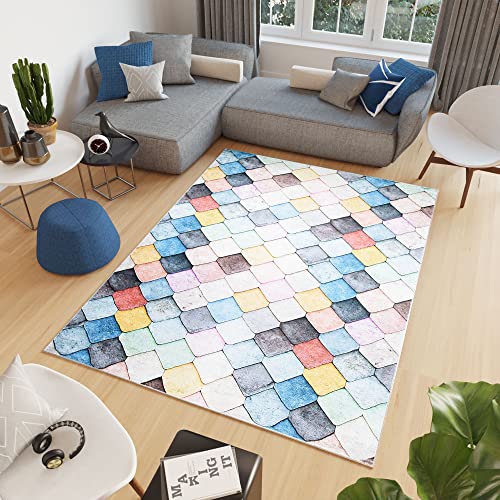 TAPISO Toscana Teppich Bedruckter Teppich Bunt Pastellfarben Geometrisch Quadrate Waschbar rutschfest Wohnzimmer Schlafzimmer Büro Modern Design 80 x 150 cm von TAPISO