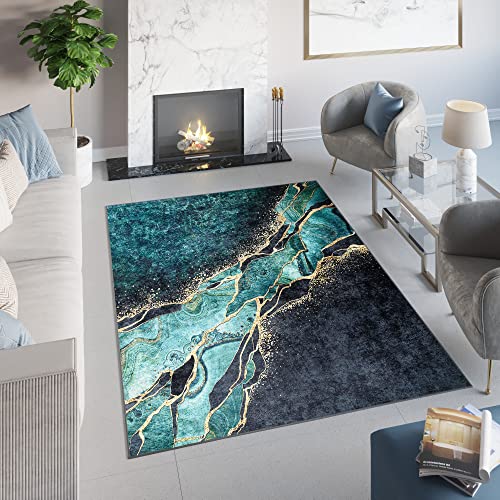 TAPISO Toscana Teppich Bedruckter Teppich Dunkelgrün Flaschengrün Schwarz Gold Marmor Waschbar rutschfest Wohnzimmer Schlafzimmer Büro Modern 160 x 230 cm von TAPISO