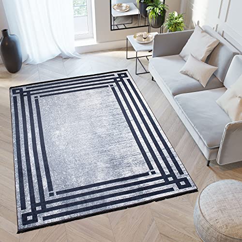 TAPISO Toscana Teppich Bedruckter Teppich Grau Blau Rahmen Fransen Waschbar rutschfest Wohnzimmer Schlafzimmer Büro Modern Design 80 x 150 cm von TAPISO