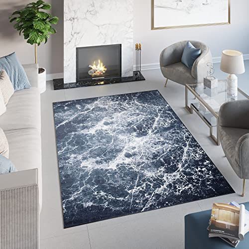TAPISO Toscana Teppich Bedruckter Teppich Grau Dunkelblau Hell Marmor Waschbar rutschfest Wohnzimmer Schlafzimmer Büro Modern Design 160 x 230 cm von TAPISO