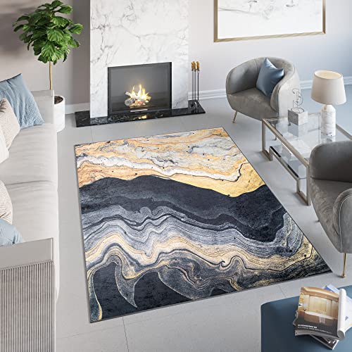 TAPISO Toscana Teppich Bedruckter Teppich Grau Gold Achat Marmor Waschbar rutschfest Wohnzimmer Schlafzimmer Büro Modern Design 120 x 170 cm von TAPISO