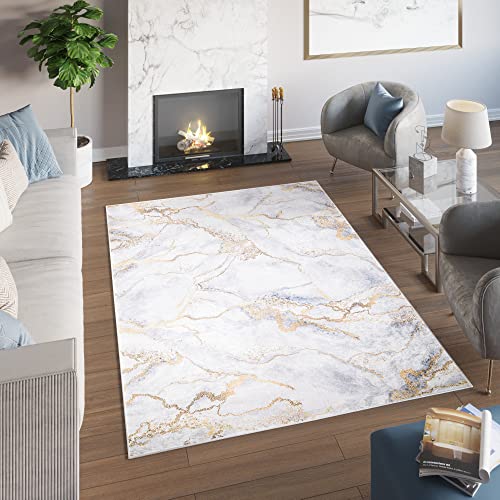 TAPISO Toscana Teppich Bedruckter Teppich Grau Gold Glamour Marmor Waschbar rutschfest Wohnzimmer Schlafzimmer Büro Modern Design 80 x 150 cm von TAPISO