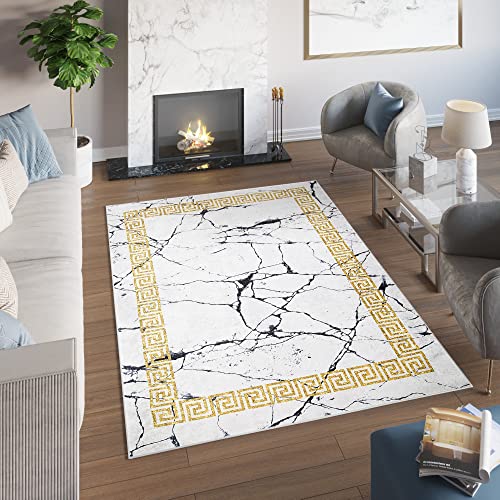 TAPISO Toscana Teppich Bedruckter Teppich Grau Gold Marmor Waschbar Goldrahmen rutschfest Wohnzimmer Schlafzimmer Büro Modern Design 140 x 200 cm von TAPISO