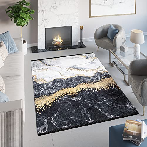 TAPISO Toscana Teppich Bedruckter Teppich Grau Gold Schwarz Marmor Fransen Waschbar rutschfest Wohnzimmer Schlafzimmer Büro Modern Design 120 x 170 cm von TAPISO