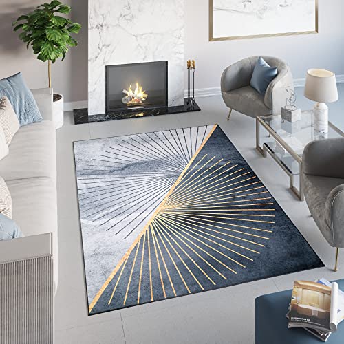 TAPISO Toscana Teppich Bedruckter Teppich Grau Gold Strahlen Waschbar rutschfest Wohnzimmer Schlafzimmer Büro Modern Design 140 x 200 cm von TAPISO