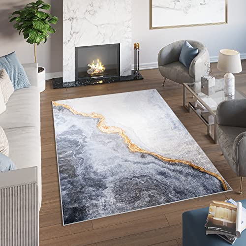 TAPISO Toscana Teppich Bedruckter Teppich Grau Gold Weiß Marmor Waschbar rutschfest Wohnzimmer Schlafzimmer Büro Modern Design 140 x 200 cm von TAPISO