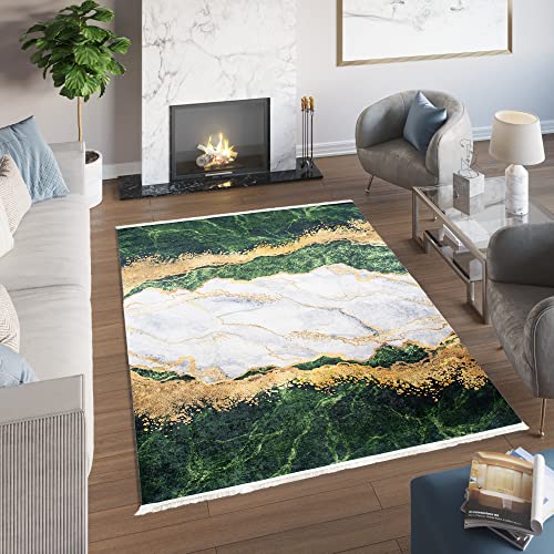 TAPISO Toscana Teppich Bedruckter Teppich Grün Grau Fransen Marmor Waschbar rutschfest Wohnzimmer Schlafzimmer Büro Modern Design 80 x 150 cm von TAPISO