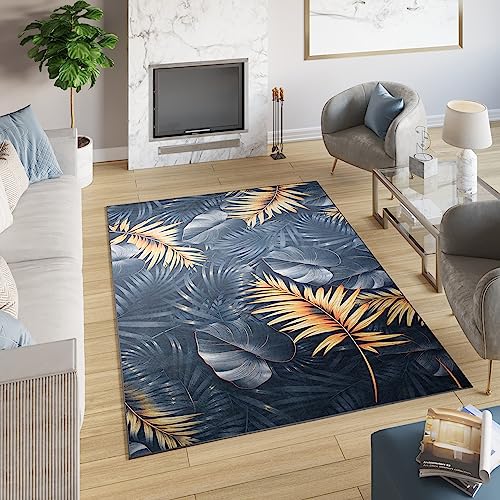 TAPISO Toscana Teppich Bedruckter Teppich Schwarz Dunkelblau Gelb Jungle Blätter Waschbar rutschfest Wohnzimmer Schlafzimmer Büro Modern Design 80 x 150 cm von TAPISO