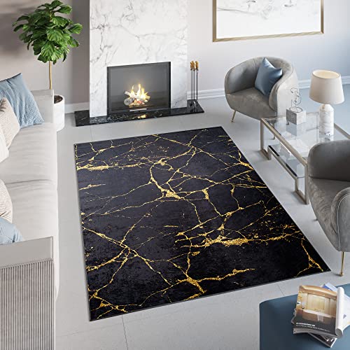 TAPISO Toscana Teppich Bedruckter Teppich Schwarz Gold Marmor Marmoreffekt Waschbar rutschfest Wohnzimmer Schlafzimmer Büro Modern Design 140 x 200 cm von TAPISO