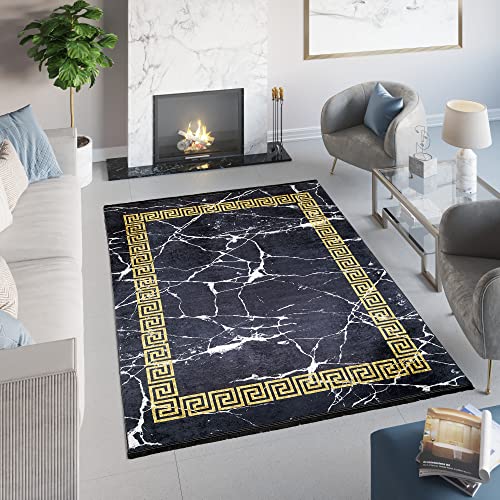 TAPISO Toscana Teppich Bedruckter Teppich Schwarz Gold Marmor Waschbar Goldrahmen rutschfest Wohnzimmer Schlafzimmer Büro Modern Design 80 x 150 cm von TAPISO