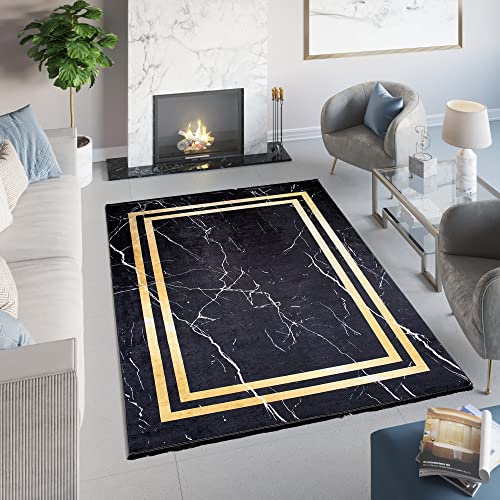 TAPISO Toscana Teppich Bedruckter Teppich Schwarz Gold Rahmen Fransen Marmor Waschbar rutschfest Wohnzimmer Schlafzimmer Büro Modern Design 80 x 200 cm von TAPISO