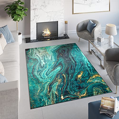 TAPISO Toscana Teppich Bedruckter Teppich Smaragd Dunkelgrün Gold Marmor Waschbar rutschfest Wohnzimmer Schlafzimmer Büro Modern Design 80 x 150 cm von TAPISO