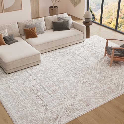 TAPISO Trend Teppich Kurzflor - Vintage Teppich Hochwertig- Eleganter Wohnzimmerteppich in Creme Weiß Beige- Viereck abstrakte Blumen- Pflegeleichter Teppich - Oeko-TEX 80 x 150 cm von TAPISO