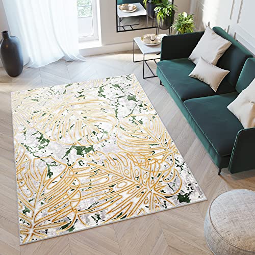 TAPISO Turmalin Teppich Kurzflor Creme Gold Meliert Verwischt Große Blätter Wohnzimmer Schlafzimmer Büro Modern Design ÖKOTEX 80 x 150 cm von TAPISO