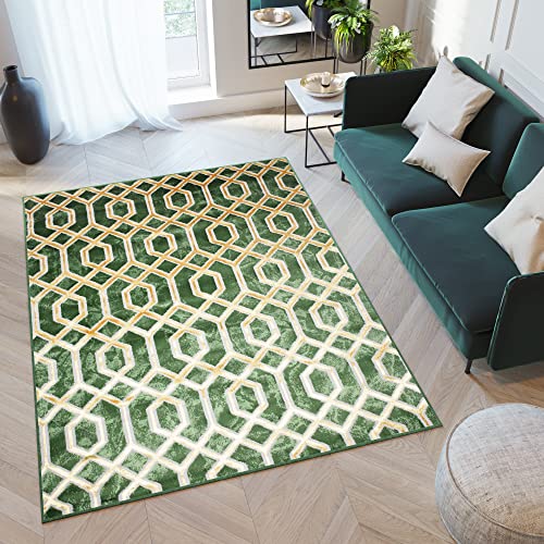 TAPISO Turmalin Teppich Kurzflor Grün Flaschengrün Gold Geometrisch Secheck Wohnzimmer Schlafzimmer Büro Modern Design ÖKOTEX 140 x 200 cm von TAPISO