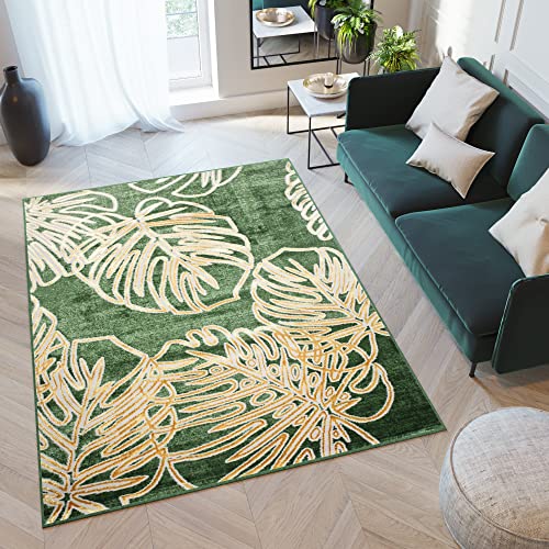 TAPISO Turmalin Teppich Kurzflor Grün Flaschengrün Gold Große Blätter Wohnzimmer Schlafzimmer Büro Modern Design ÖKOTEX 140 x 200 cm von TAPISO