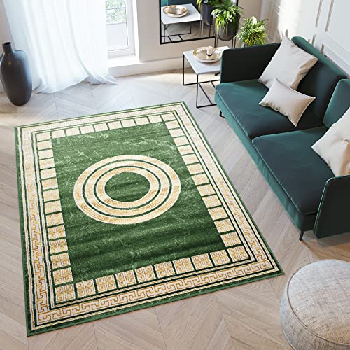 TAPISO Turmalin Teppich Kurzflor Grün Flaschengrün Gold Rahmen Runde Rosette Wohnzimmer Schlafzimmer Büro Modern Design ÖKOTEX 300 x 400 cm von TAPISO