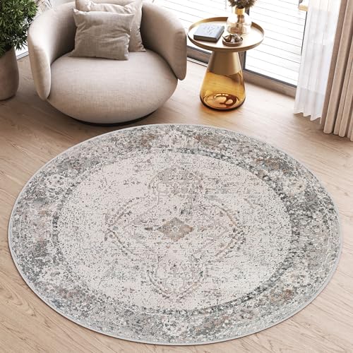 TAPISO Valley Rund Teppich Kurzflor Vintage Creme Weiß Grau Dunkelgrau Rahmen Design Used Effekt Meliert Verwischt Wohnzimmer Schlafzimmer ÖKO-TEX 160 x 160 cm von TAPISO