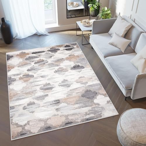 TAPISO Valley Teppich Kurzflor Beige Grau Creme Braun Kleeblatt Marrokanisch Verwischt Meliert Schlafzimmer Wohnzimmer ÖKO-TEX 140 x 200 cm von TAPISO
