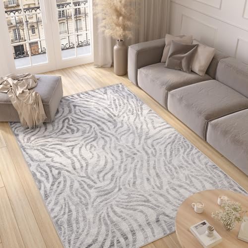 TAPISO Valley Teppich Kurzflor Grau Beige Schwarz Zebra Tiermuster Meliert Verwischt Abstrakt Modern Wohnzimmer Schlafzimmer ÖKO-TEX 300 x 400 cm von TAPISO