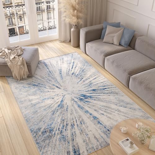 TAPISO Valley Teppich Kurzflor Grau Blau Beige Mehrfarbig Modern Verwischt Linien Abstrakt Design Wohnzimmer Schlafzimmer Flur ÖKO-TEX 80 x 150 cm von TAPISO
