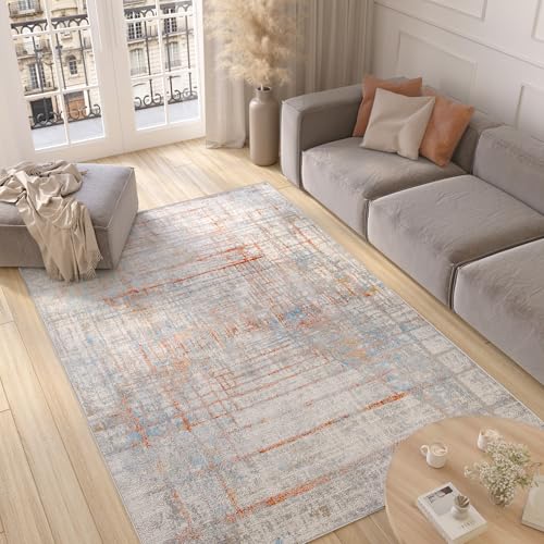 TAPISO Valley Teppich Kurzflor Grau Blau Orange Mehrfarbig Linien Meliert Verwischt Modern Abstrakt Design Wohnzimmer Schlafzimmer ÖKO-TEX 140 x 200 cm von TAPISO