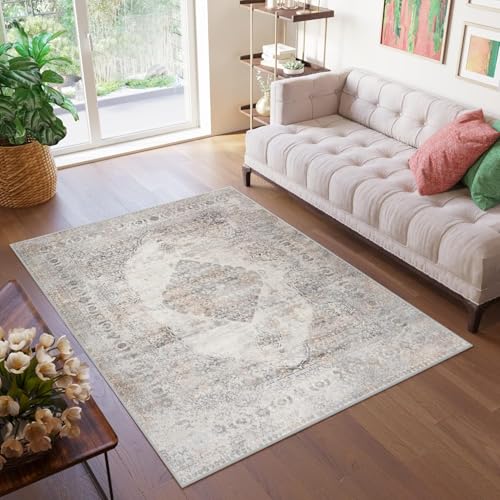 TAPISO Valley Teppich Kurzflor Grau Hellgrau Vintage Ornament Rahmen Rosette Used Effekt Wohnzimmer Schlafzimmer ÖKO-TEX 300 x 400 cm von TAPISO