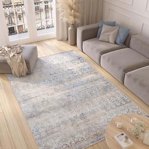 TAPISO Valley Teppich Kurzflor Grau Weiß Blau Mehrfarbig Vintage Boho Blumen Used Effekt Meliert Verwischt Wohnzimmer Schlafzimmer ÖKO-TEX 160 x 220 cm von TAPISO