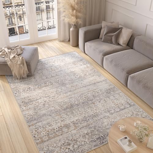 TAPISO Valley Teppich Kurzflor Grau Weiß Vintage Boho Design Blumen Used Effekt Meliert Verwischt Wohnzimmer Schlafzimmer ÖKO-TEX 140 x 200 cm von TAPISO