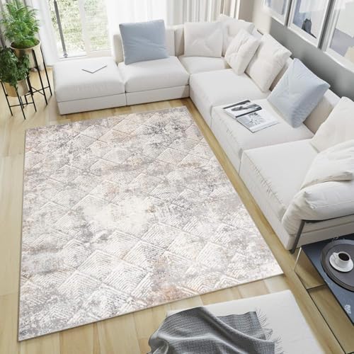 TAPISO Valley Teppich Kurzflor Hellgrau Grau Beige Quadrate Design Used Effekt Meliert Verwischt Wohnzimmer Schlafzimmer ÖKO-TEX 140 x 200 cm von TAPISO