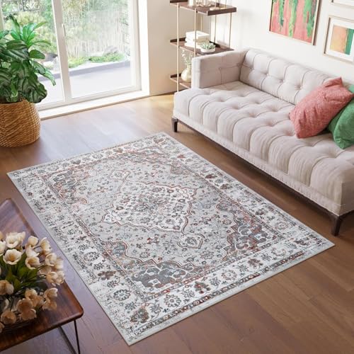 TAPISO Valley Teppich Kurzflor Hellgrau Rostbraun Blau Ornament Rosette Vintage Klassisch Meliert Used Effekt Wohnzimmer Schlafzimmer ÖKO-TEX 300 x 400 cm von TAPISO