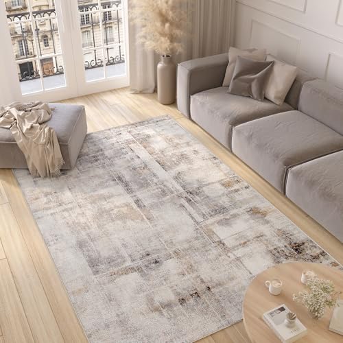 TAPISO Valley Teppich Kurzflor Modern Abstrakt Grau Beige Creme Mehrfarbig Linien Meliert Verwischt Wohnzimmer Schlafzimmer ÖKO-TEX 300 x 400 cm von TAPISO