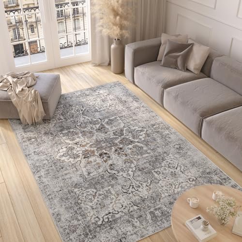 TAPISO Valley Teppich Kurzflor Vintage Blumen Hellgrau Rosette Ornamental Meliert Verwischt Used Effekt Wohnzimmer Schlafzimmer ÖKO-TEX 120 x 170 cm von TAPISO