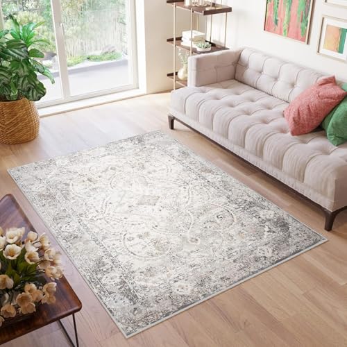 TAPISO Valley Teppich Kurzflor Vintage Creme Weiß Grau Dunkelgrau Rahmen Design Used Effekt Meliert Verwischt Wohnzimmer Schlafzimmer ÖKO-TEX 160 x 220 cm von TAPISO