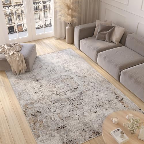 TAPISO Valley Teppich Kurzflor Vintage Ethno Hellgrau Ornamental Meliert Verwischt Used Effekt Wohnzimmer Schlafzimmer ÖKO-TEX 300 x 400 cm von TAPISO