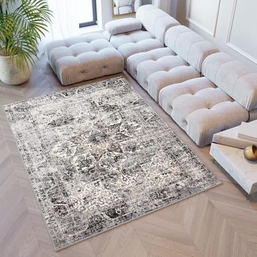 TAPISO Valley Teppich Kurzflor Vintage Grau Schwarz Blumen Rahmen Orientalisch Used Effekt Meliert Verwischt Wohnzimmer Schlafzimmer ÖKO-TEX 300 x 400 cm von TAPISO