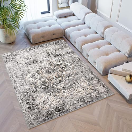 TAPISO Valley Teppich Kurzflor Vintage Grau Schwarz Blumen Rahmen Orientalisch Used Effekt Meliert Verwischt Wohnzimmer Schlafzimmer ÖKO-TEX 80 x 150 cm von TAPISO