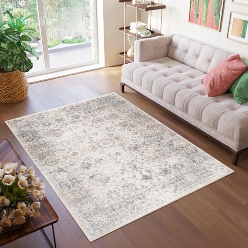 TAPISO Valley Teppich Kurzflor Vintage Hellgrau Blumen Rahmen Orientalisch Used Effekt Meliert Verwischt Wohnzimmer Schlafzimmer ÖKO-TEX 300 x 400 cm von TAPISO