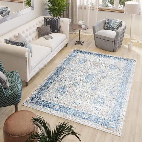 TAPISO Valley Teppich Kurzflor Weiß Grau Blau Rahmen Ornamental Used Effekt Meliert Verwischt Vintage Wohnzimmer Schlafzimmer ÖKO-TEX 300 x 400 cm von TAPISO