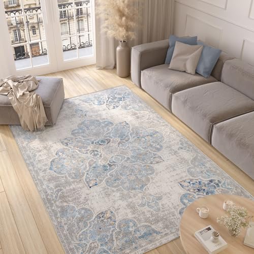 TAPISO Valley Teppich Kurzflor Weiß Grau Blau Vintage Blumen Used Effekt Meliert Verwischt Wohnzimmer Schlafzimmer ÖKO-TEX 140 x 200 cm von TAPISO