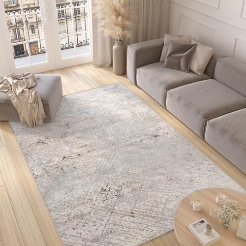 TAPISO Valley Teppich Kurzflor Weiß Grau Vintage Used Effekt Meliert Verwischt Abstrakt Modern Wohnzimmer Schlafzimmer ÖKO-TEX 300 x 400 cm von TAPISO