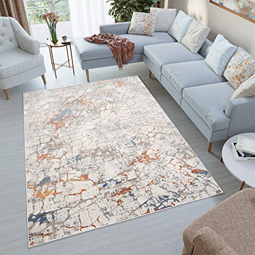 TAPISO Venezia Teppich Kurzflor Grau Taupe Creme Orange Blau Natur Abstrakt Modern Verwischt Design Vintage Wohnzimmer Schlafzimmer ÖKOTEX 120 x 170 cm von TAPISO