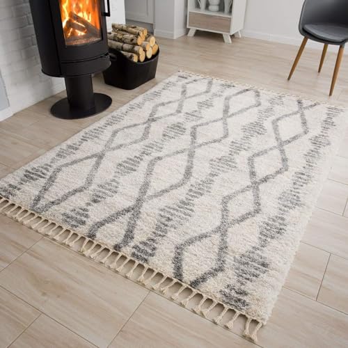 TAPISO Versay Teppich Shaggy Creme Grau Fransen Hochflor Langflor Modern Ethno Boho Geometrisch Design Wohnzimmer Schlafzimmer ÖKOTEX 140 x 200 cm von TAPISO