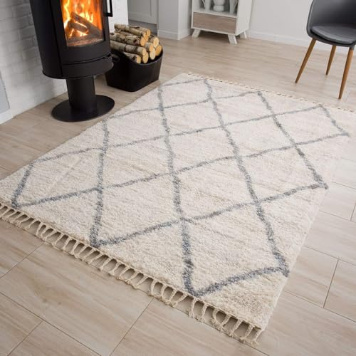 TAPISO Versay Teppich Shaggy Creme Grau Fransen Modern Design Geometrisch Rautenmuster Hochflor Langflor Wohnzimmer Schlafzimmer ÖKOTEX 200 x 300 cm von TAPISO