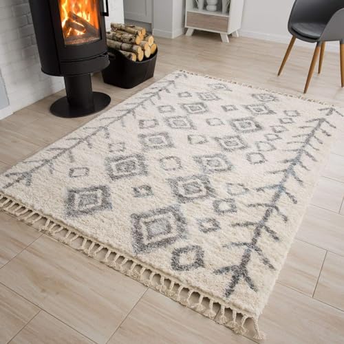 TAPISO Versay Teppich Shaggy Creme Grau Fransen Modern Ethno Design Karo Muster Boho Hochflor Langflor Wohnzimmer Schlafzimmer ÖKOTEX 120 x 170 cm von TAPISO