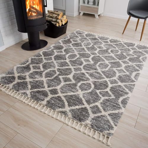 TAPISO Versay Teppich Shaggy Grau Creme Boho Fransen Hochflor Langflor Modern Geometrisch Zig Zag Streifen Wohnzimmer Schlafzimmer ÖKOTEX 80 x 200 cm von TAPISO